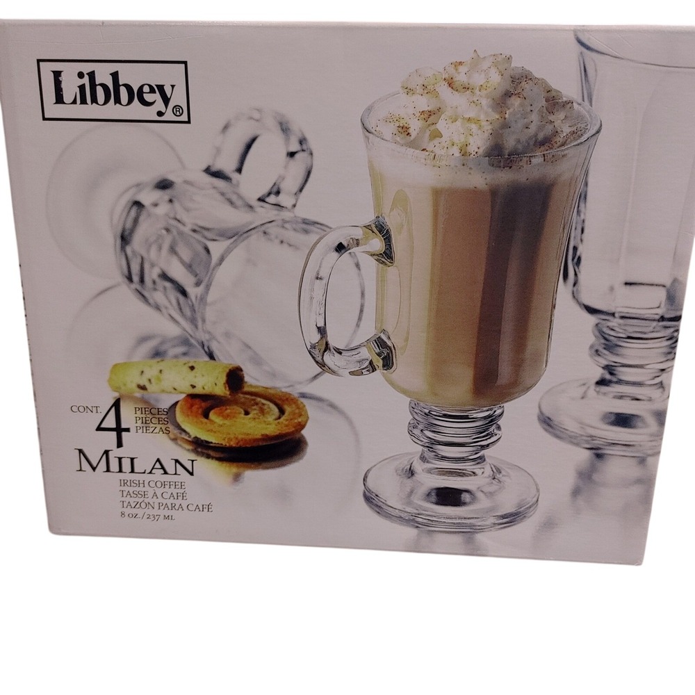 Libbey Milan Irish Coffee Mugs 8oz Clear Glass Footed Pedestal Set of 4 89586